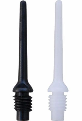 Das Bild zeigt zwei fiberglasverstärkte Spitzen, eine in Schwarz und eine in Weiß. Sie haben beide ein Schraubgewinde am unteren Ende.